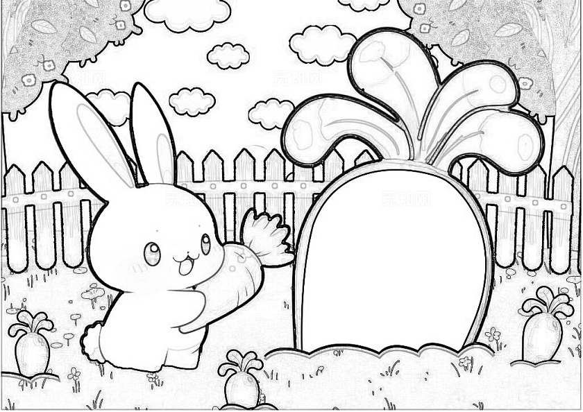 绿色卡通手绘简约童谣儿歌-小白兔手抄报暑假