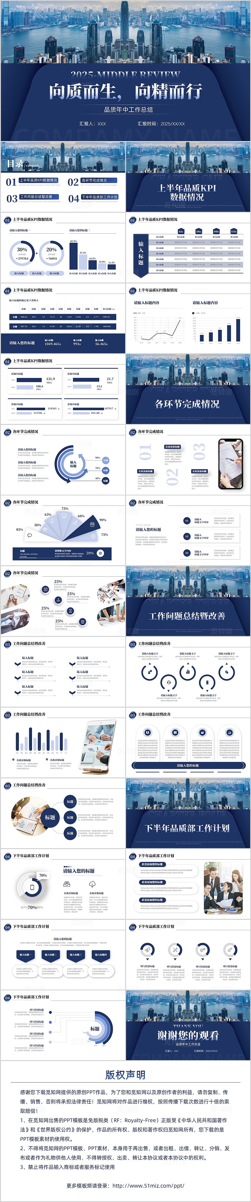 深蓝色简约商务风品质年中工作总结通用PPT模板年中总结