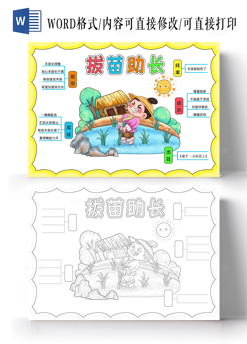 彩色卡通拔苗助长小报手抄报读书手抄报成语故事思维导图