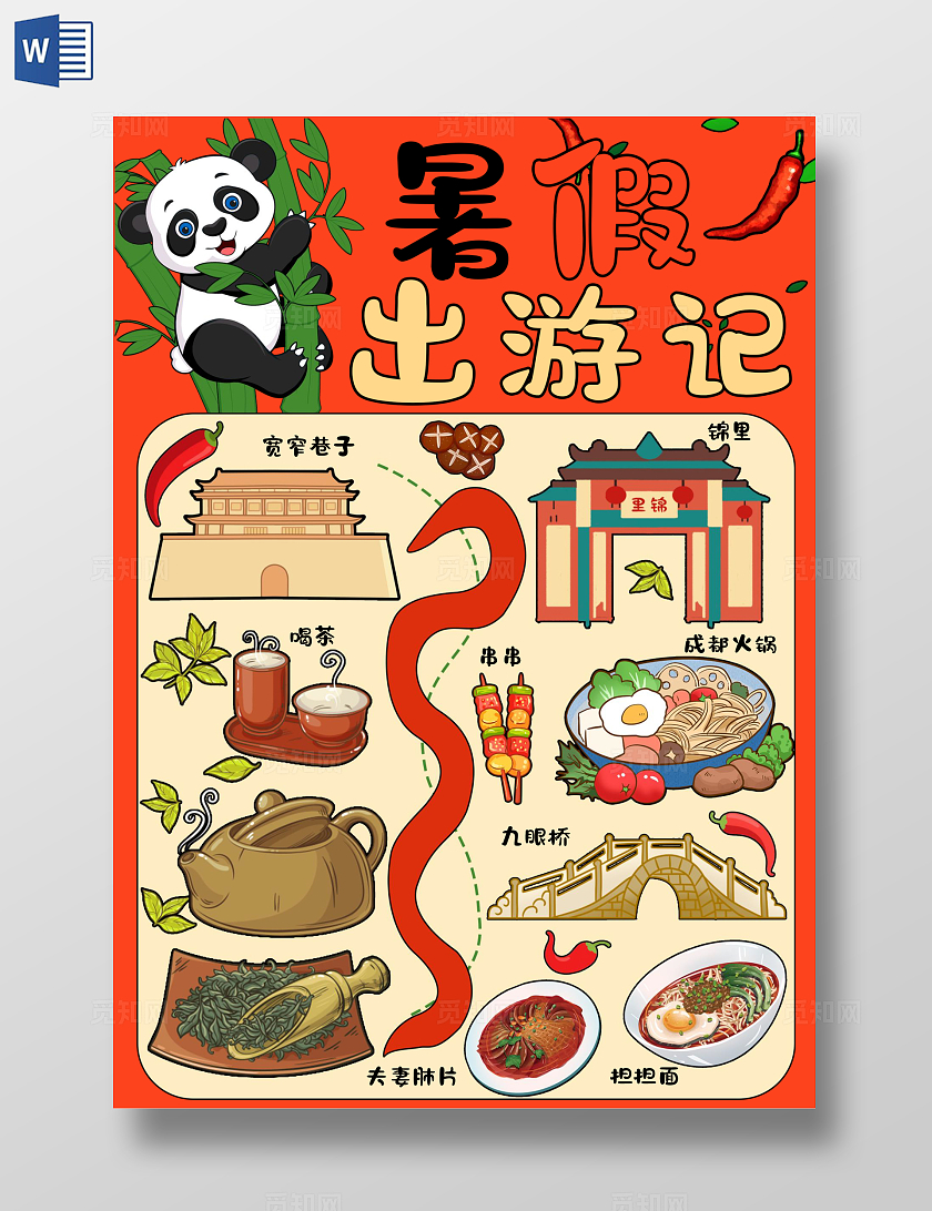 红色卡通手绘简约暑假出游记成都旅游手抄报暑假游记暑假旅游