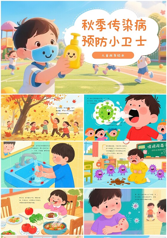 橙色卡通预防秋季传染病儿童故事绘本秋季预防PPT