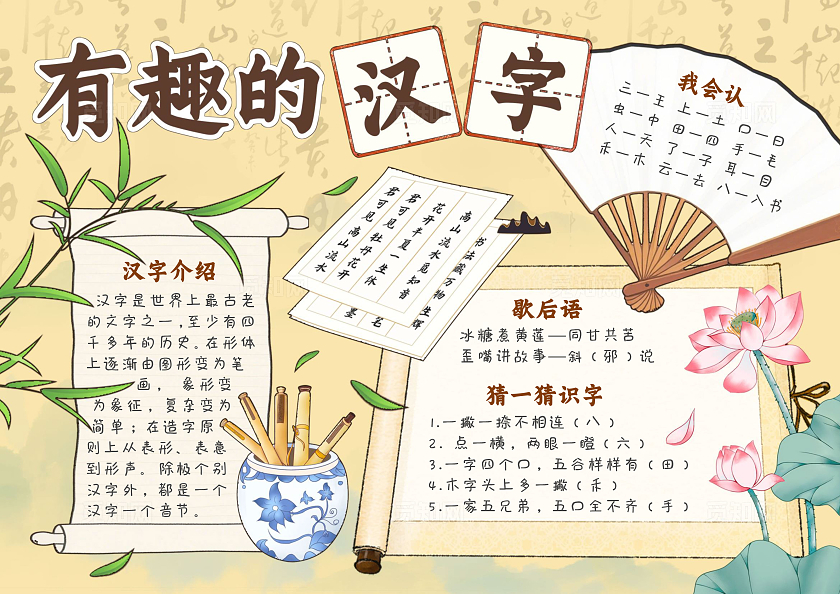 黄色古风手绘有趣的汉字识字小报生字开花小报手抄报认识汉字