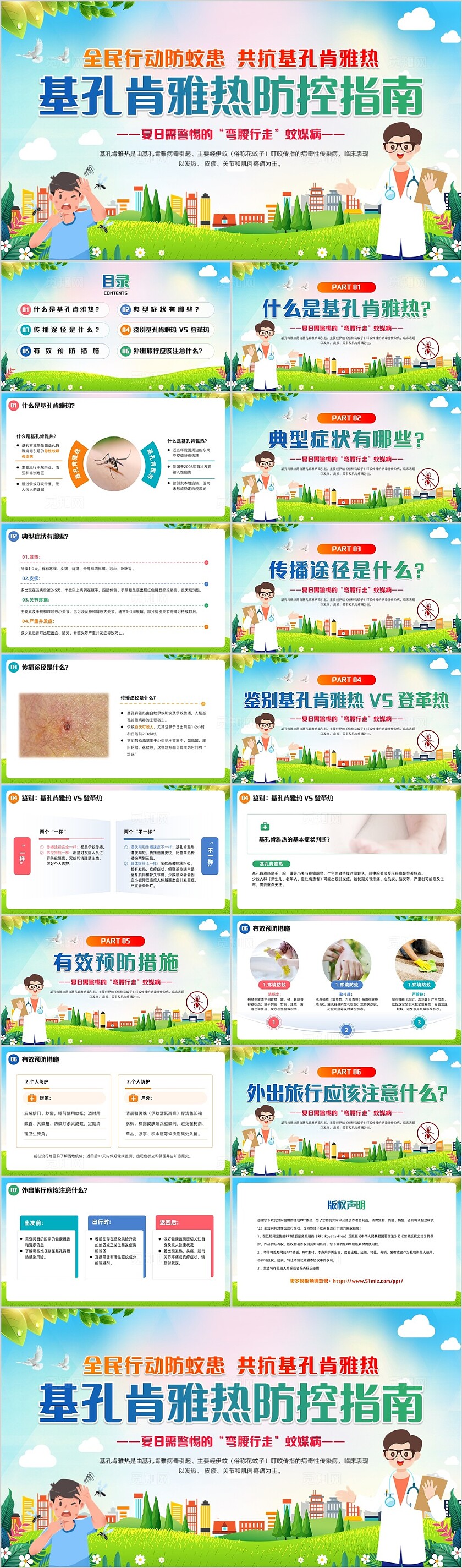 绿色清新展板风基孔肯雅热预防PPT模板夏季传染病夏季传染病预防时事热点