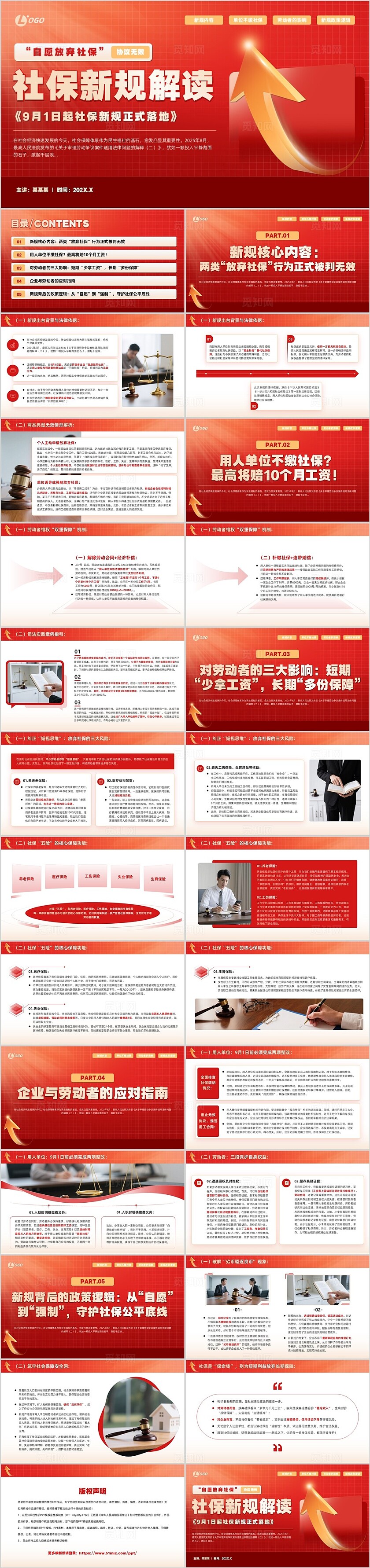 红色简约风社保新规解读PPT模板时事热点