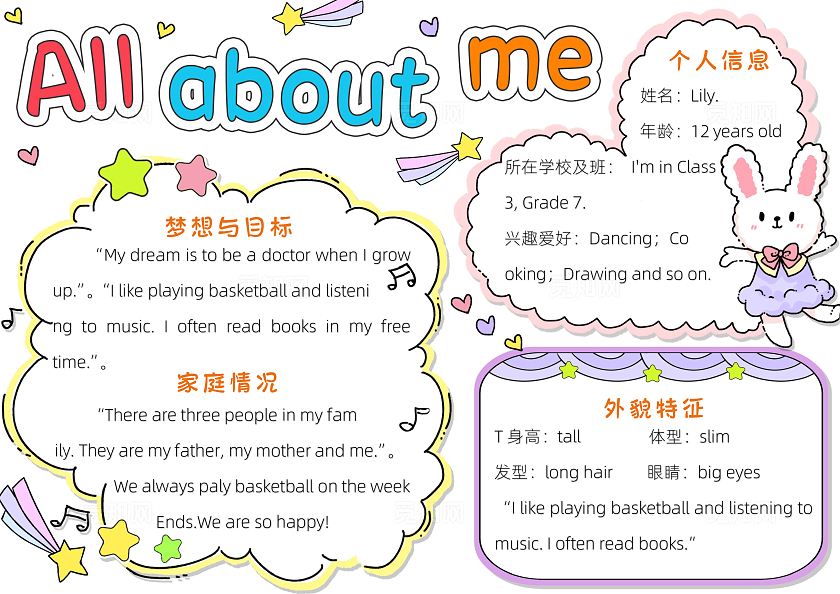 小学自我介绍幼儿园自我介绍彩色卡通竞选班干部英语小报手抄报小学生手抄报自我介绍英语自我介绍英文自我介绍