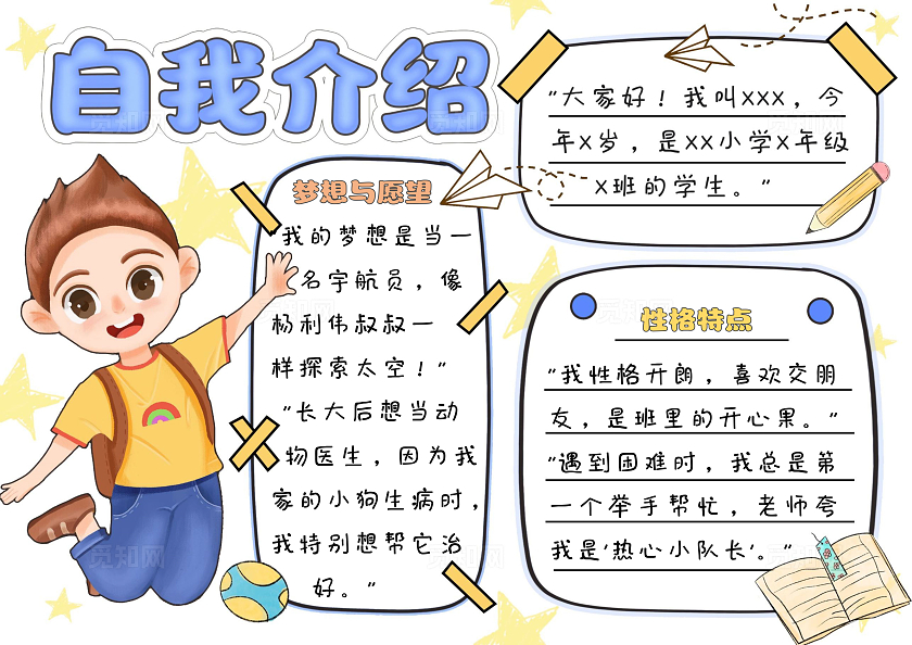 小学自我介绍幼儿园自我介绍蓝色卡通手绘自我介绍男生小报手抄报