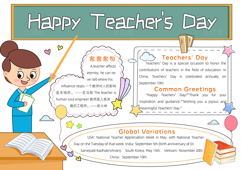 教师节绘画感恩教师节彩色卡通教师节英语小报手抄报小学生手抄报