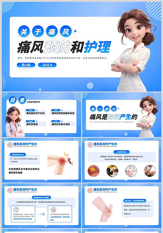 蓝色渐变卡通漫画痛风的预防与护理PPT护理查房