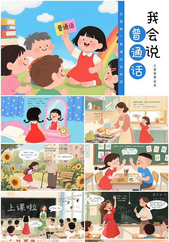 蓝色卡通我会说普通话全国推广普通话宣传周儿童故事绘本PPT全国推广普通话宣传周推普周