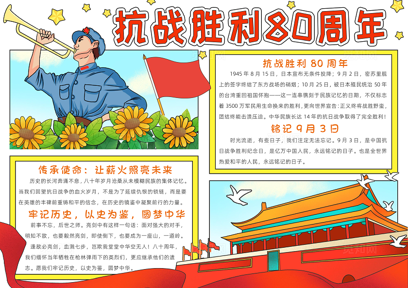 阅兵勿忘国耻振兴中华爱国红色卡通抗战胜利80周年小报手抄报卡通小报手抄报抗日战争胜利纪念日