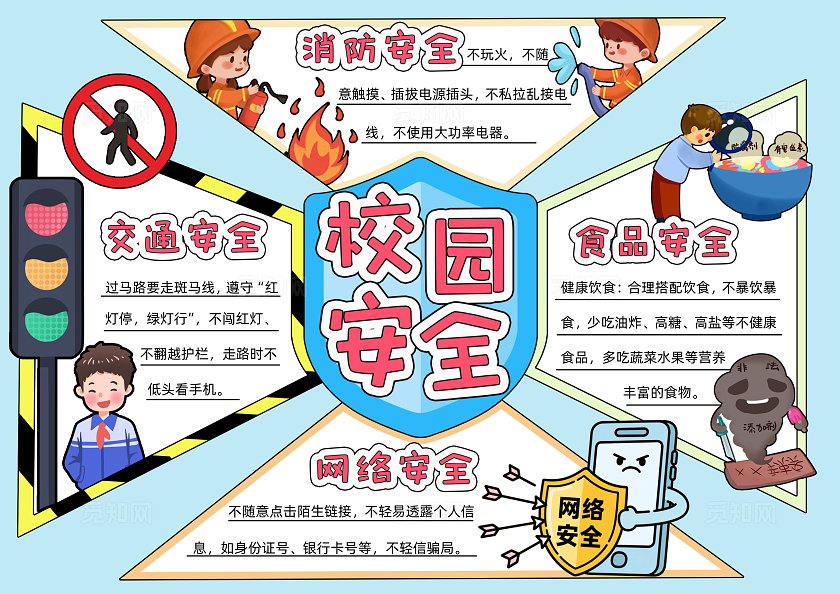 蓝色卡通手绘简约开学安全教育校园安全手抄报开学第一课交通安全