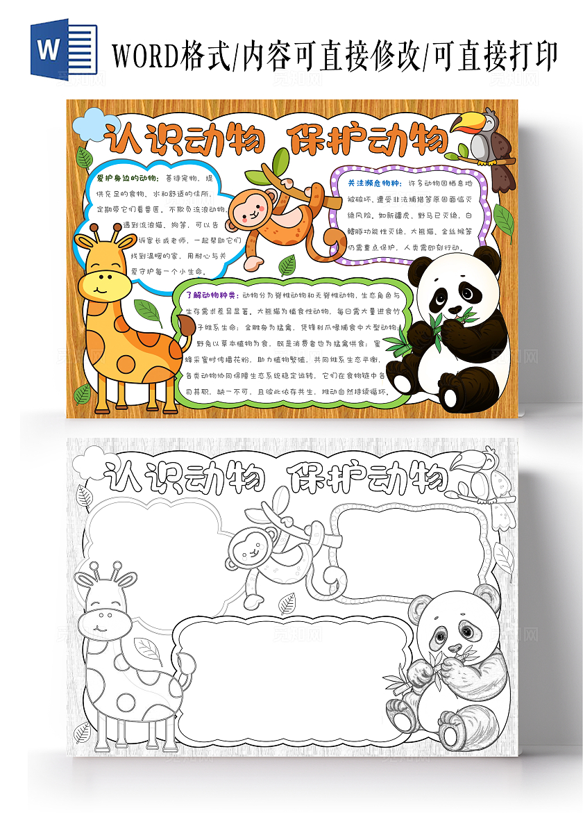 卡通手绘插画认识动物 保护动物手抄报世界动物日