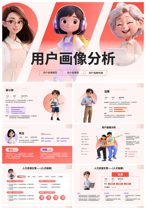 商务简约3D风用户画像分析工作汇报ppt模版