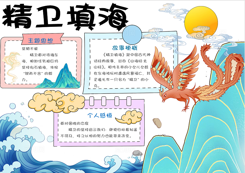蓝色卡通手绘精卫填海神话故事手抄报民间故事神话故事