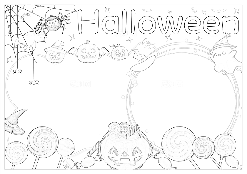 紫色卡通手绘Halloween万圣节/万圣节英文小报手抄报小学生手抄报