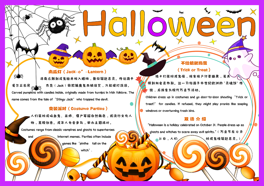 紫色卡通手绘Halloween万圣节/万圣节英文小报手抄报小学生手抄报