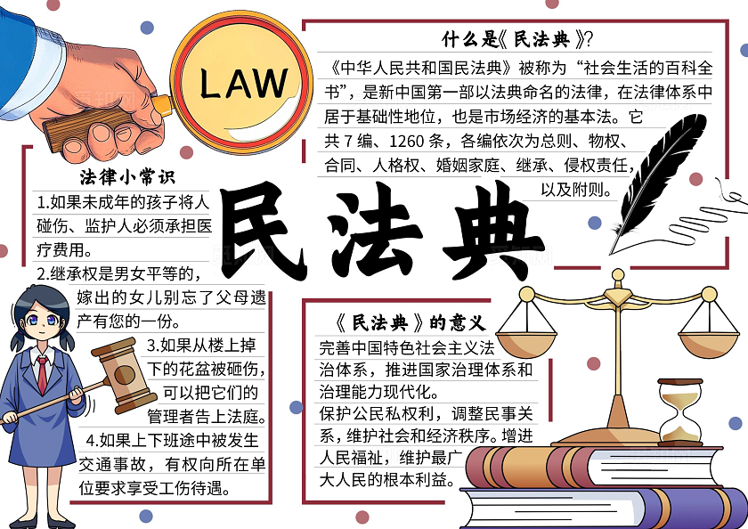蓝色简约手绘民法典小报手抄报法制法律法治新校园