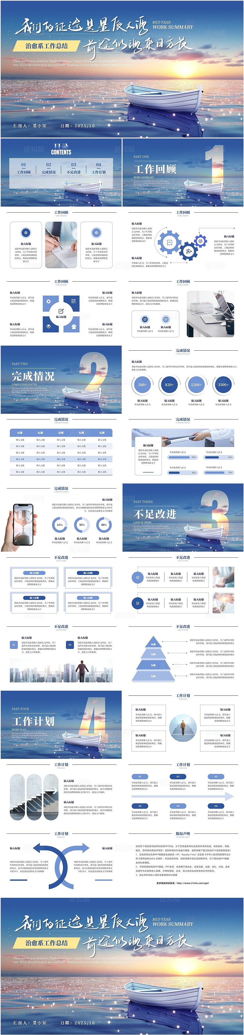 蓝色治愈系大海大气简约励志年中总结述职报告汇报工作总结通用ppt模板