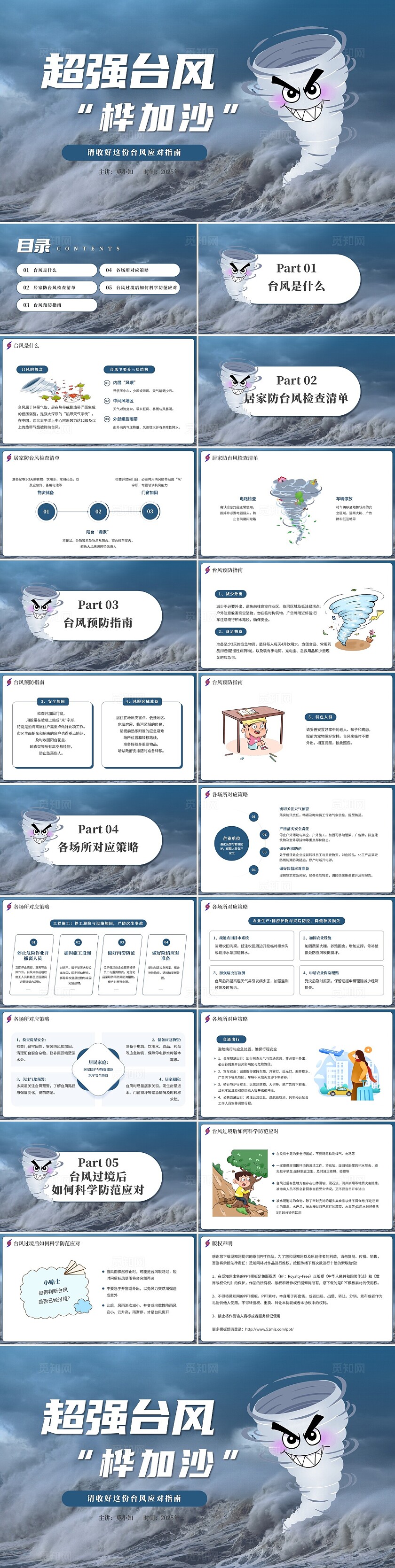 蓝色简约超强台风桦加沙台风应对指南PPT自然灾害