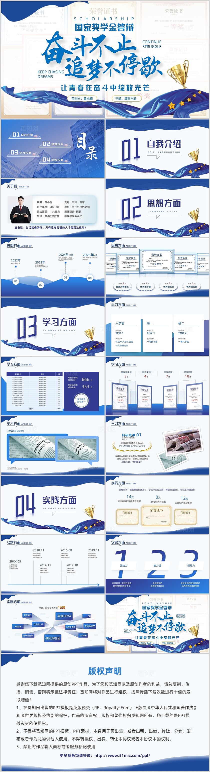 蓝色绸带奖状奖杯奖学金答辩动态PPT