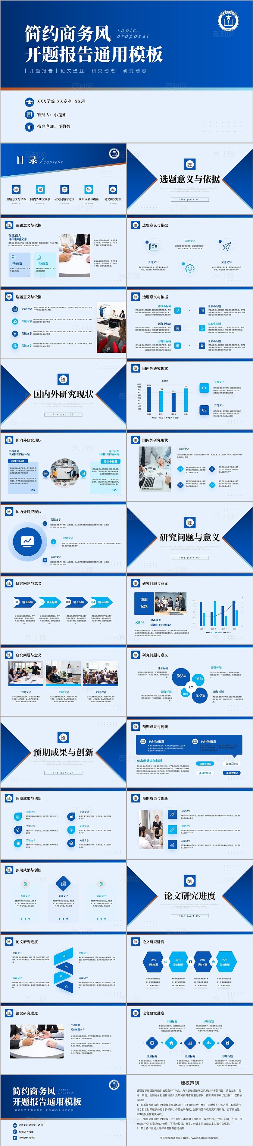 蓝色简约商务风开题报告论文选题研究动态通用PPT模板答辩