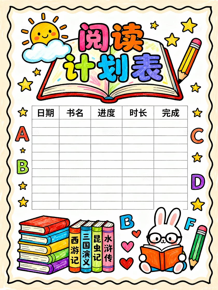 彩色卡通阅读计划表小学生手抄报读书计划表