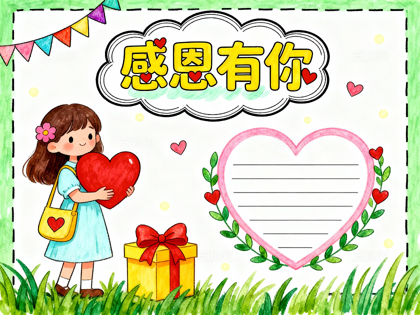 绿色卡通手绘感恩小报手抄报小学生手抄报感恩节