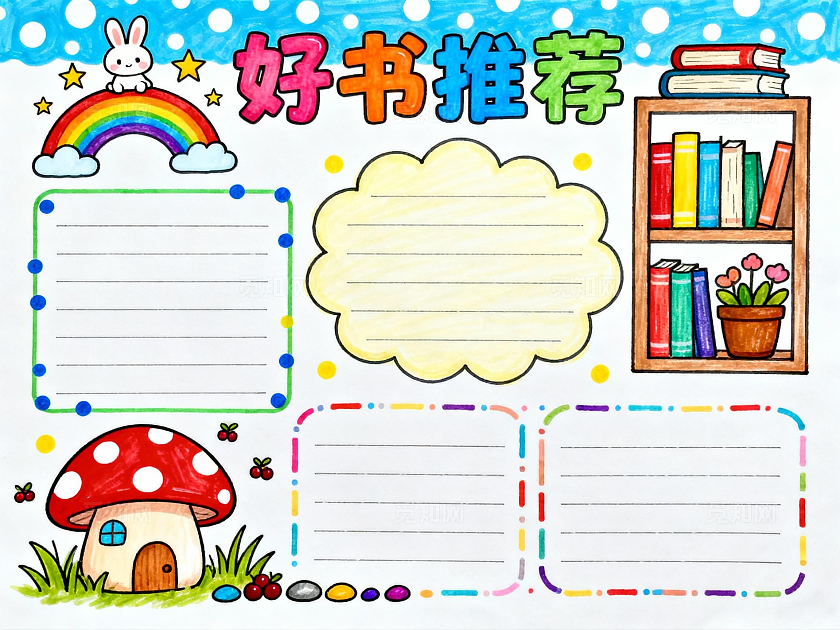 蓝色卡通收货小清新读书推荐小报小学生手抄报