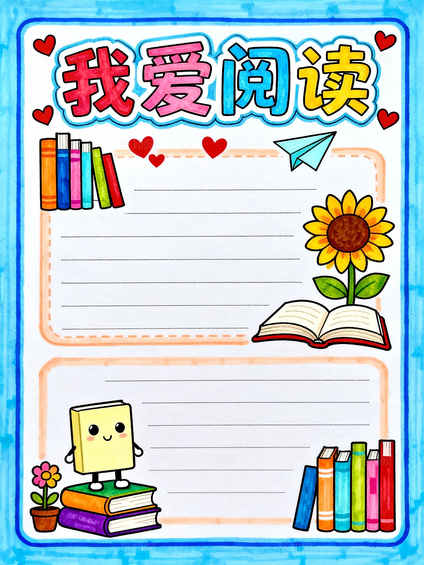 蓝色卡通手绘小清新我爱阅读小报小学生手抄报读书小报