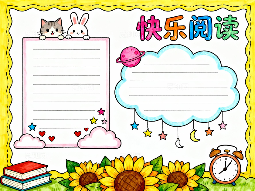 黄色卡通手绘小清新快乐阅读小报小学生手抄报读书小报