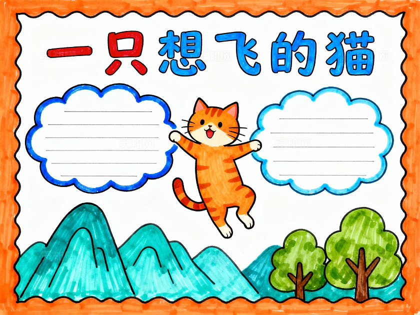 橙色卡通手绘小猫阅读记录手抄报小学生手抄报读书小报