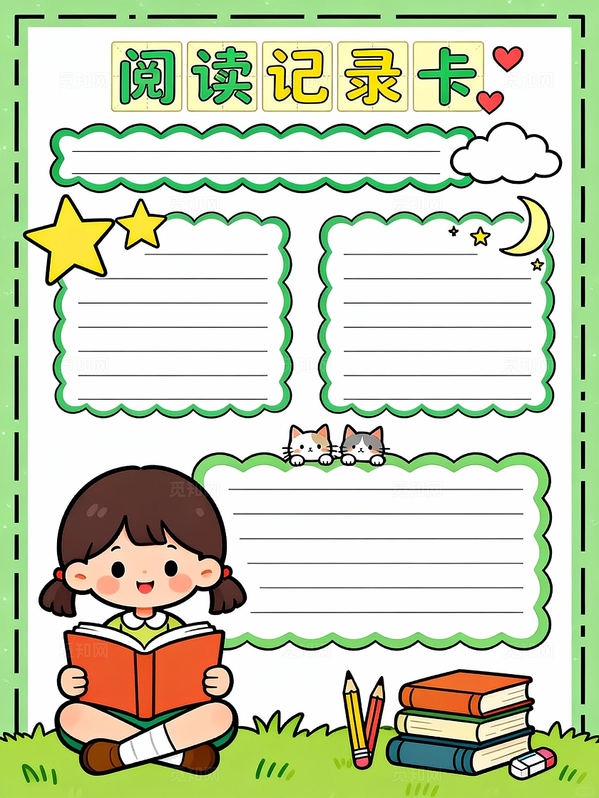绿色卡通手绘阅读记录卡小报小学生手抄报读书卡