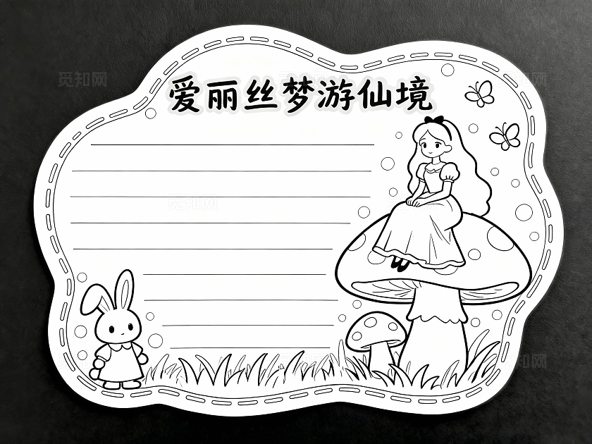 黑底黄色卡通手绘爱丽丝梦游仙境读书小报小学生手抄报读书卡
