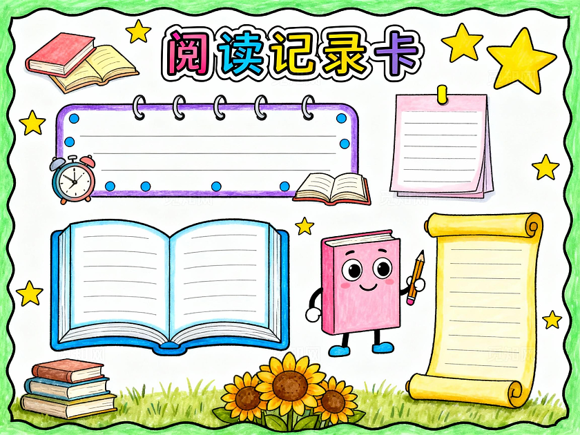彩色卡通手绘阅读记录卡小报手抄报小学生手抄报读书卡