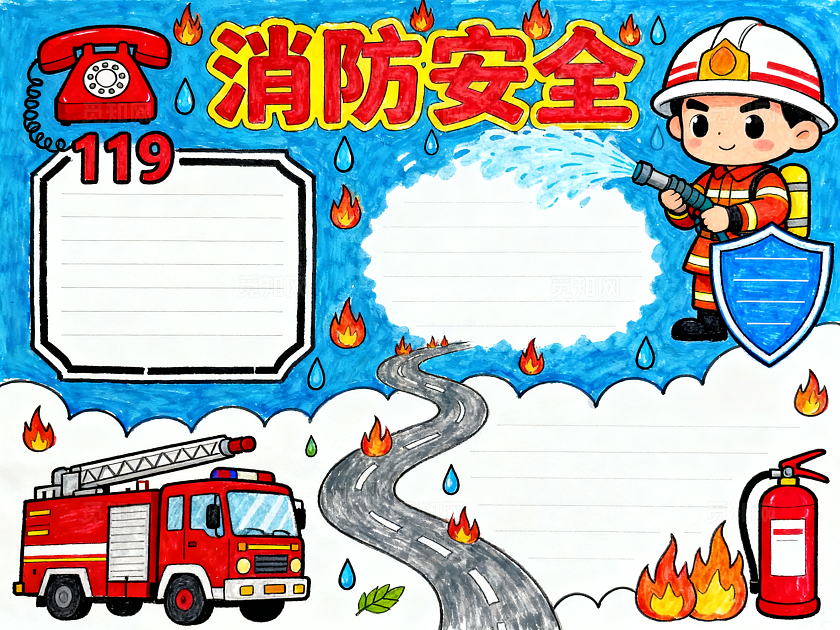 蓝色卡通手绘消防安全小报手抄报小学生手抄报