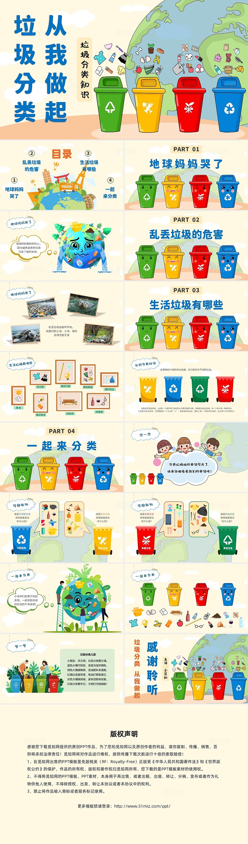 彩色卡通简约风格垃圾分类知识环境保护垃圾分类人人有责ppt