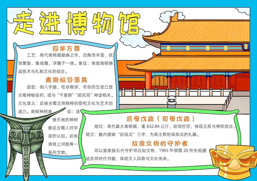 蓝色卡通走进博物馆小报卡通小报手抄报历史