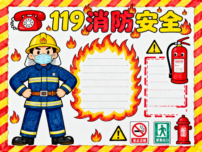 彩色卡通手绘消防安全小报手抄报小学生手抄报