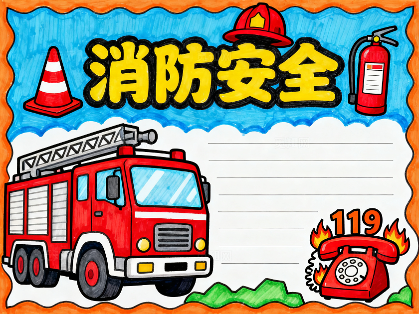 橙蓝色卡通手绘消防安全小报手抄报小学生手抄报