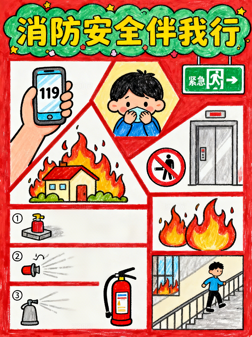 红色卡通手绘消防安全伴我行小报手抄报小学生手抄报