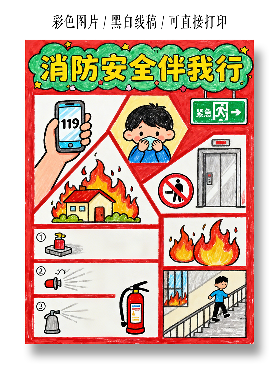 红色卡通手绘消防安全伴我行小报手抄报小学生手抄报