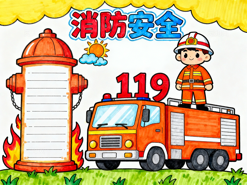 橙黄色卡通手绘消防安全小报手抄报小学生手抄报