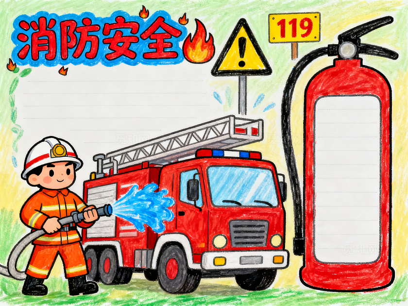 黄绿色卡通手绘消防安全小报手抄报小学生手抄报