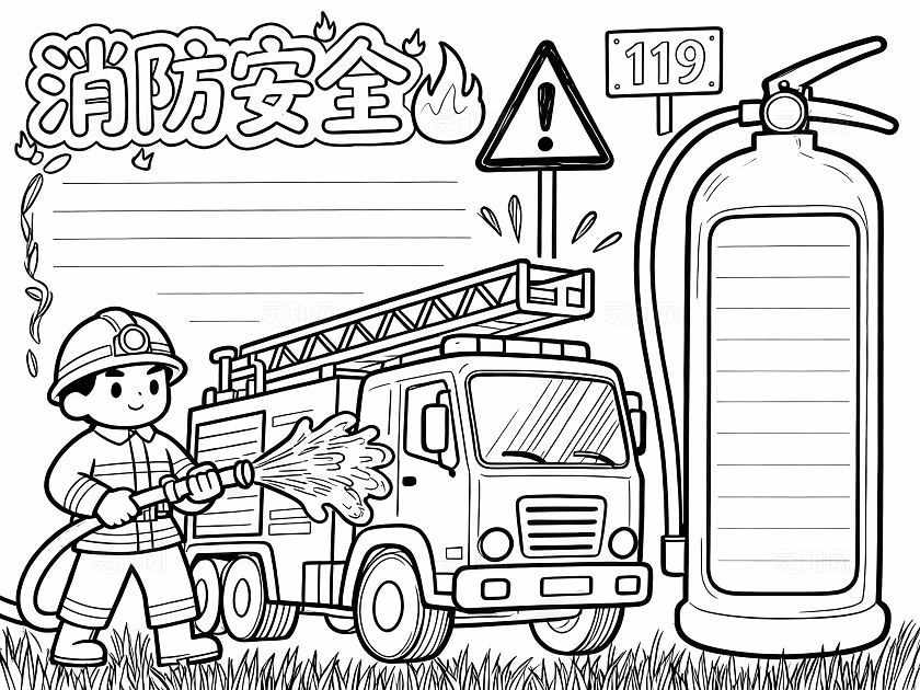 黄绿色卡通手绘消防安全小报手抄报小学生手抄报