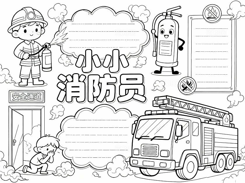 彩色卡通手绘小小消防员小报手抄报小学生手抄报