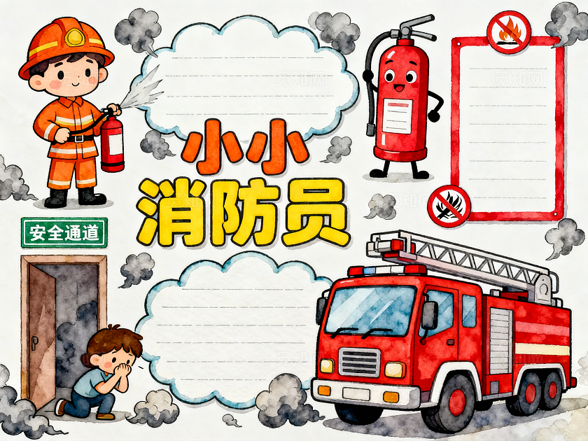 彩色卡通手绘小小消防员小报手抄报小学生手抄报