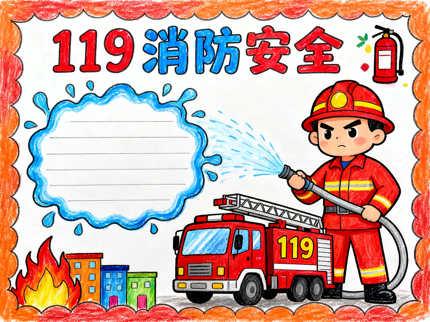 橙色卡通手绘119消防安全小报手抄报小学生手抄报