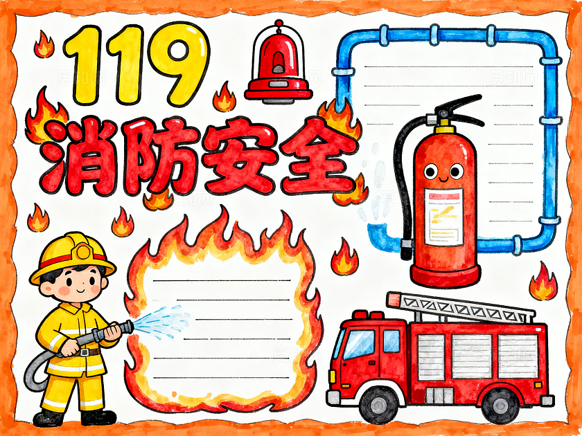 橙色卡通手绘消防安全119小报手抄报小学生手抄报