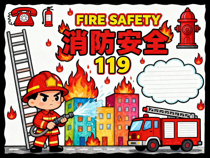 黑框彩色卡通手绘消防安全119小报手抄报小学生手抄报