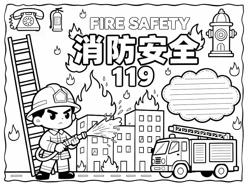 黑框彩色卡通手绘消防安全119小报手抄报小学生手抄报